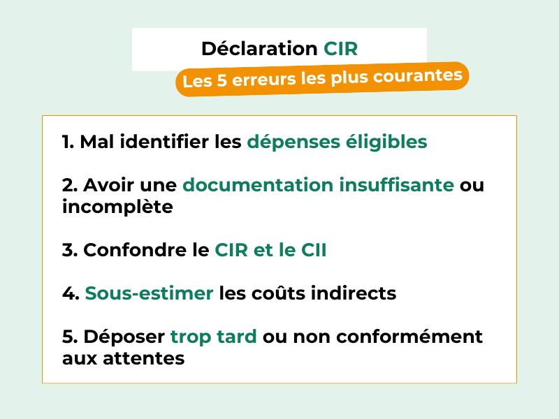 Déclaration CIR : les 5 erreurs les plus courantes :
1. Mal identifier les dépenses éligibles
2. Avoir une documentation insuffisante ou incomplète
3. Confondre le CIR et le CII
4. Sous-estimer les coûts indirects 
5. Déposer trop tard ou non conformément aux attentes